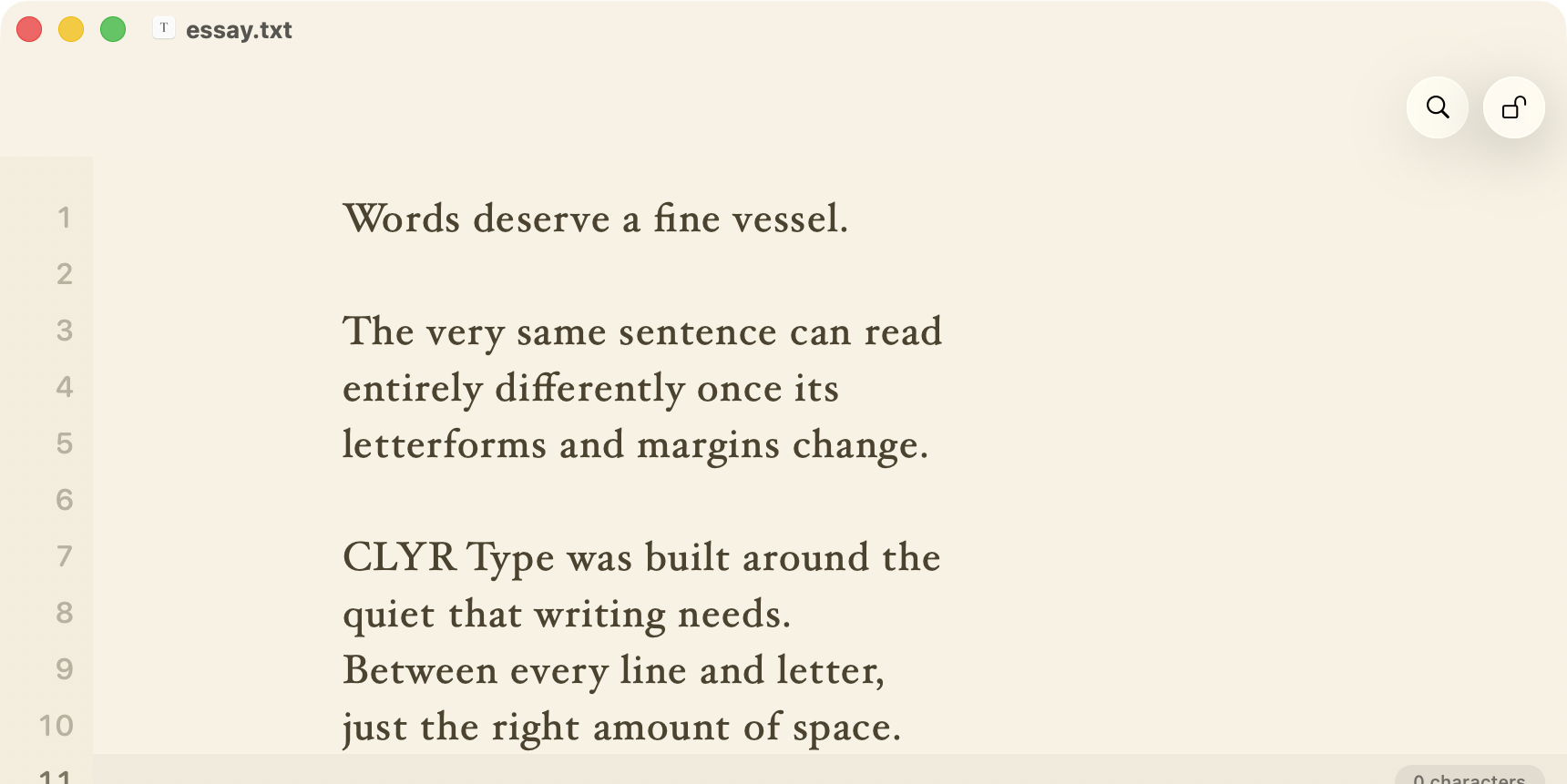 CLYR Type editing an essay in the warm Paper theme with an elegant serif font