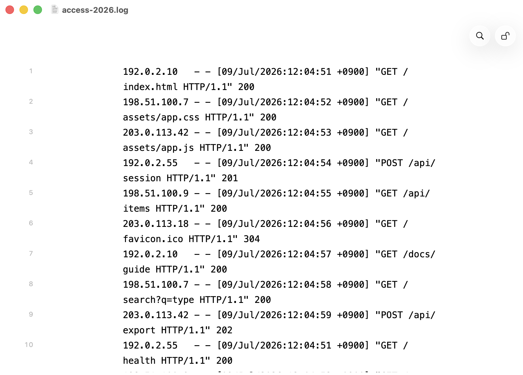 A 100,000-line access log open in CLYR Type, scrolling smoothly
